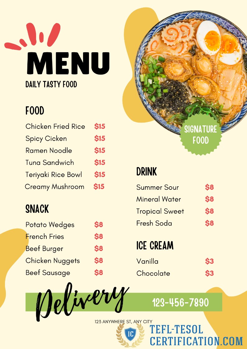 Restaurant menu for English class